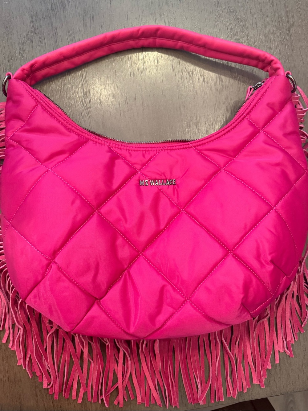 MZ Wallace Fuchsia Quilted Fringe Hobo Crossbody Bag - Picture 2 of 8